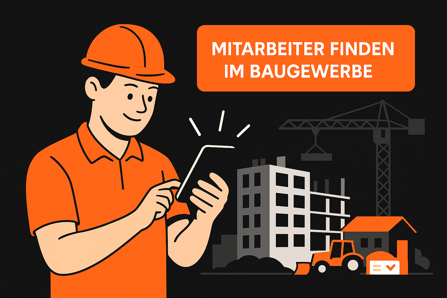 Mitarbeiter finden im Baugewerbe: Illustration Bauunternehmer nutzt digitales Recruiting, um Fachkräfte im Baugewerbe zu finden