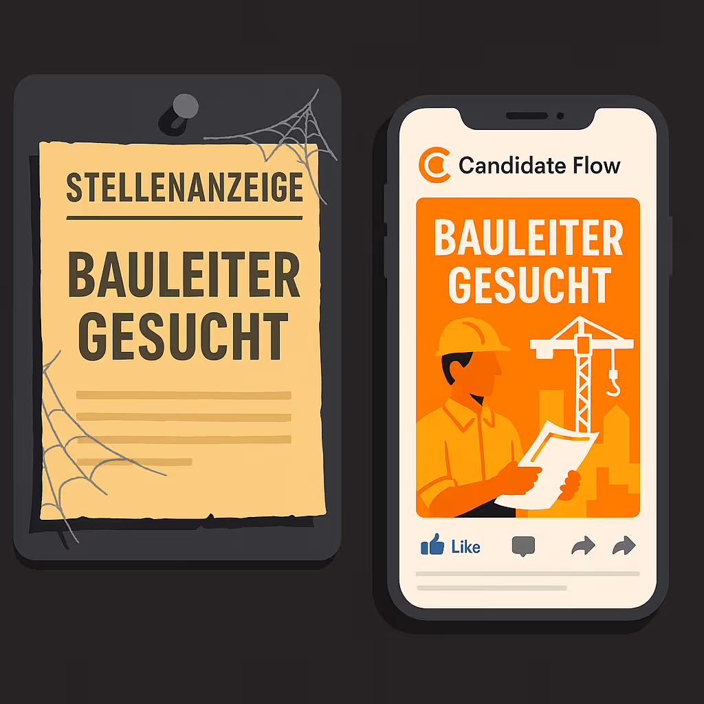 Mitarbeiter finden im Baugewerbe: Illustration: Vergleich klassischer Stellenanzeigen mit modernem Social Recruiting im Bau