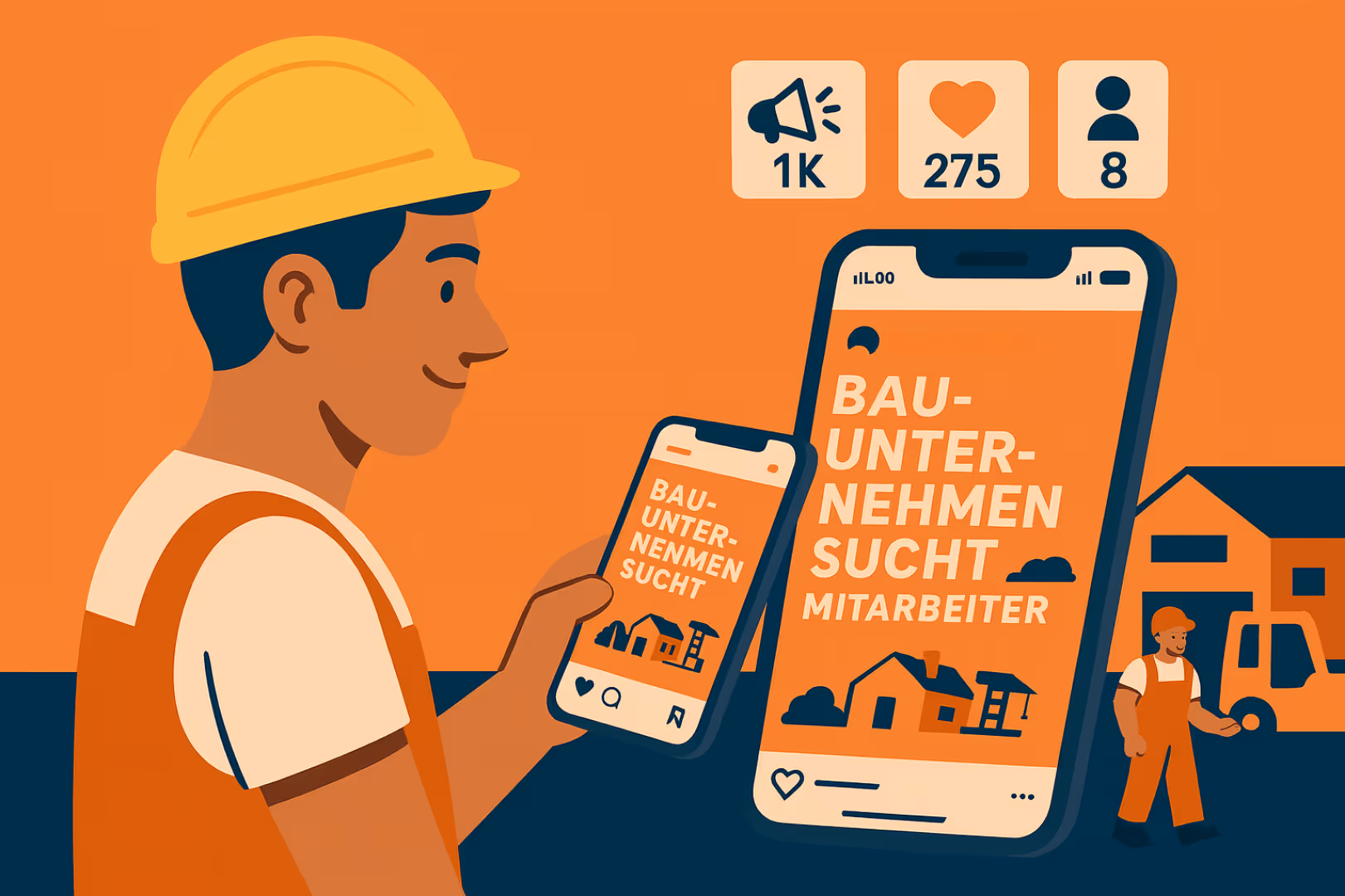 Mitarbeiter finden im Baugewerbe – Illustration: Social Recruiting im Baugewerbe über Instagram: So werden Fachkräfte online erreicht