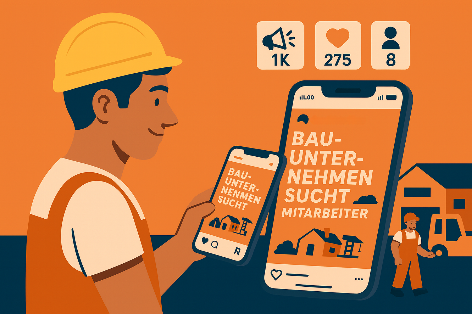 Mitarbeiter finden im Baugewerbe – Illustration: Social Recruiting im Baugewerbe über Instagram: So werden Fachkräfte online erreicht