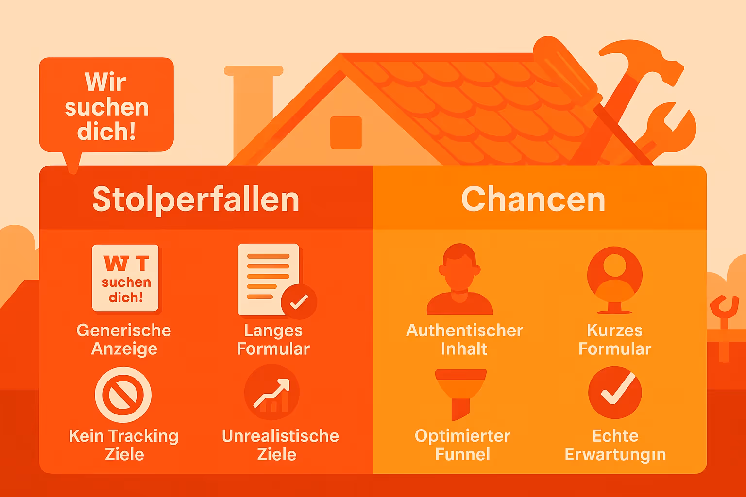 Social Recruiting für Dachdecker: Illustration einer übersichtlichen Zwei-Spalten-Grafik mit Stolperfallen links und Chancen rechts, jeweils mit passenden Symbolen.