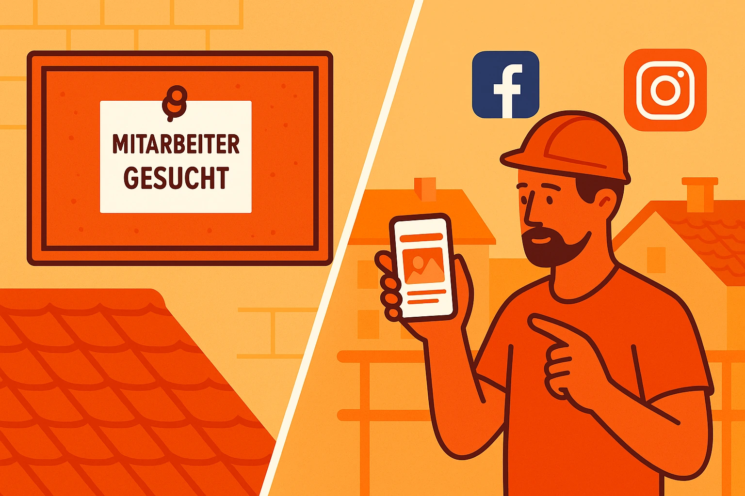 Social Recruiting für Dachdecker: Illustration einer leeren Pinnwand mit alter Jobanzeige neben einem Dachdecker, der per Smartphone Social Recruiting betreibt.
