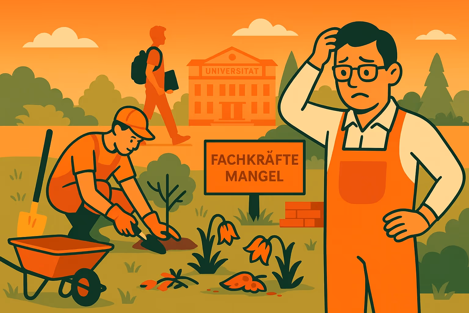 Mitarbeiter finden im Galabau: Illustration einer typischen Baustellenszene mit fehlendem Personal – Geräte stehen still, Arbeit bleibt liegen – sinnbildlich für den Fachkräftemangel im Galabau.