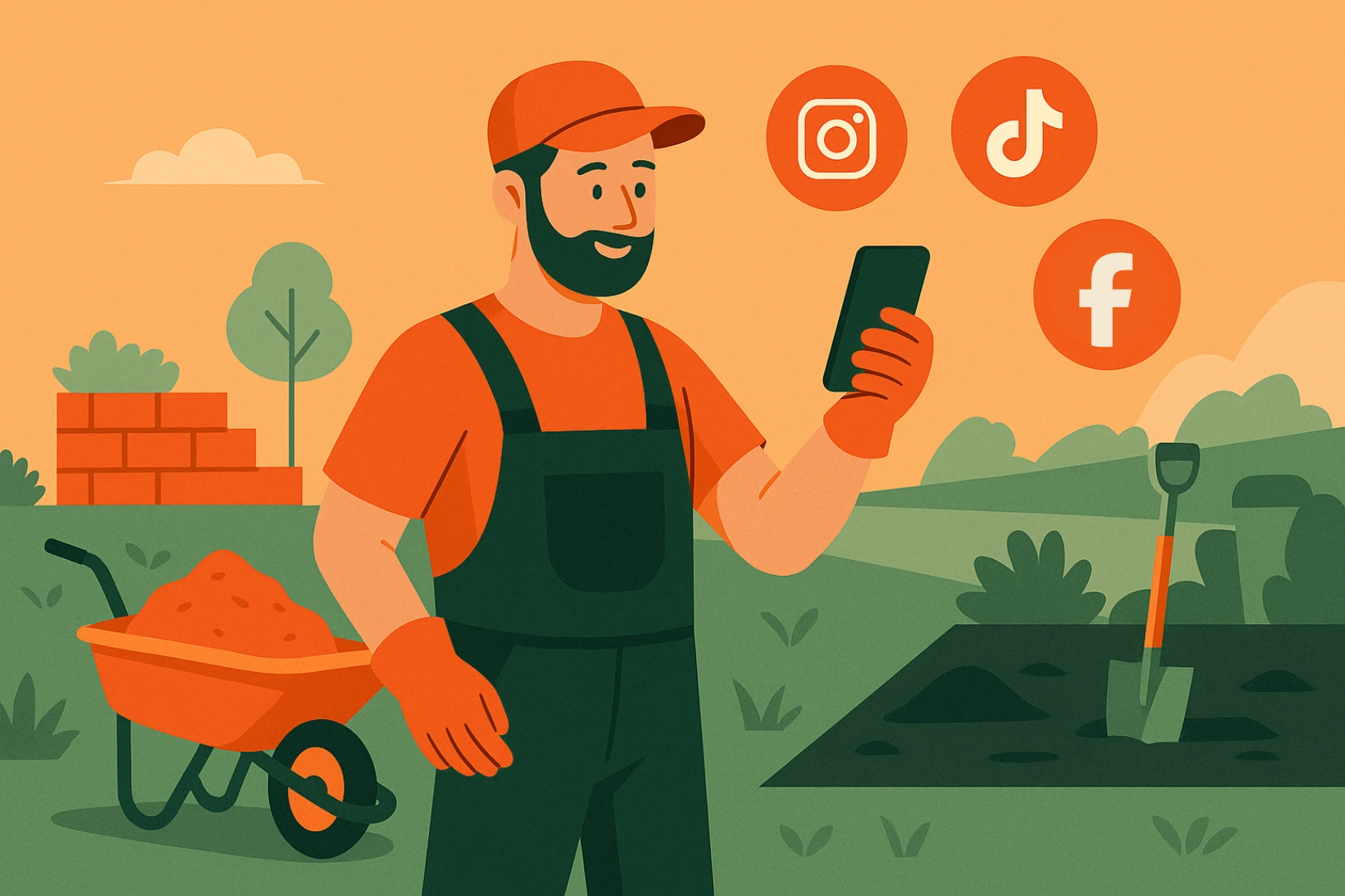 Mitarbeiter finden im Galabau: Illustration eines Galabau-Facharbeiters mit Schubkarre und Smartphone, umgeben von Social-Media-Icons – symbolisiert digitale Mitarbeitergewinnung im Garten- und Landschaftsbau.