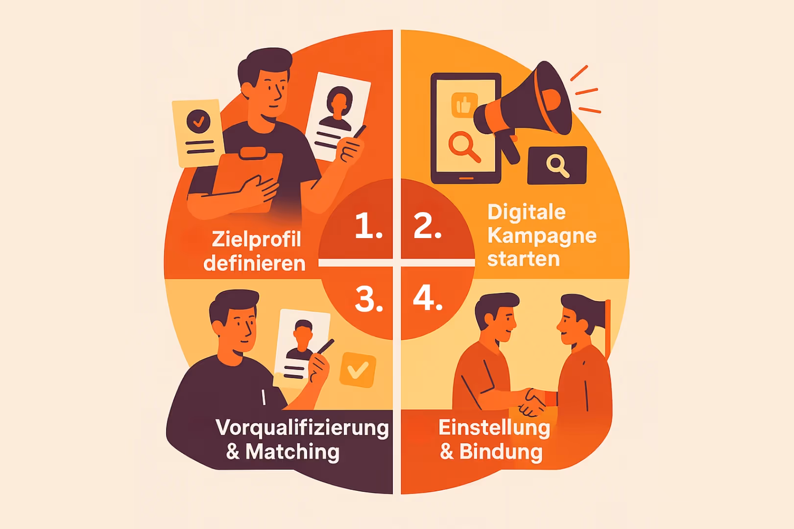 Fachkräfte finden Photovoltaik: Illustration eines vierstufigen Prozesses: Zielprofil, digitale Kampagne, Vorqualifizierung, Einstellung – als visuelle Darstellung der Candidate Flow® Methode.