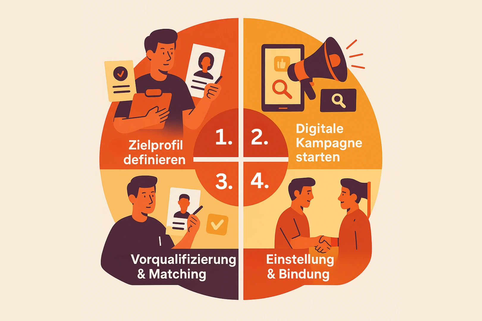 Fachkräfte finden Photovoltaik: Illustration eines vierstufigen Prozesses: Zielprofil, digitale Kampagne, Vorqualifizierung, Einstellung – als visuelle Darstellung der Candidate Flow® Methode.