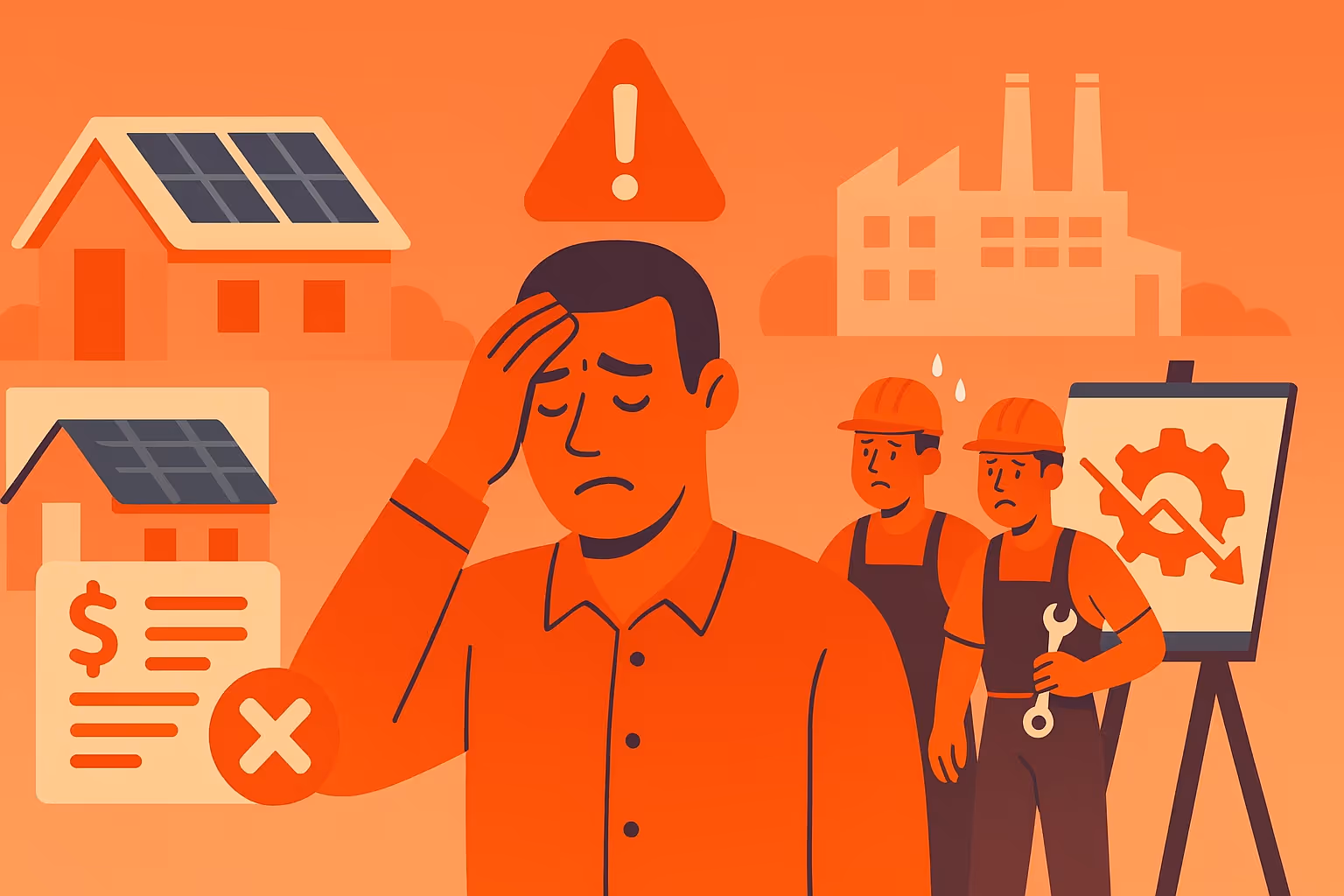 Fachkräfte finden Photovoltaik: Illustration eines frustrierten Betriebsleiters vor unerledigten Aufträgen und überlastetem Team – stellt die Folgen offener Stellen im Photovoltaikbetrieb dar.