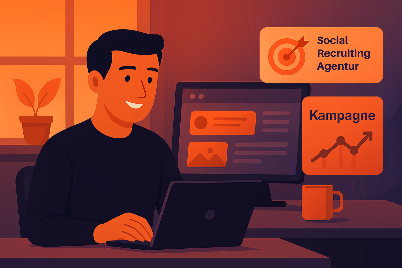 Ein Mitarbeiter arbeitet am Laptop in einem Büro und beobachtet eine steigende Kampagnen-Performance – visuelle Elemente wie Zielscheibe und Diagramm symbolisieren die datengetriebene Arbeit einer Social Recruiting Agentur.