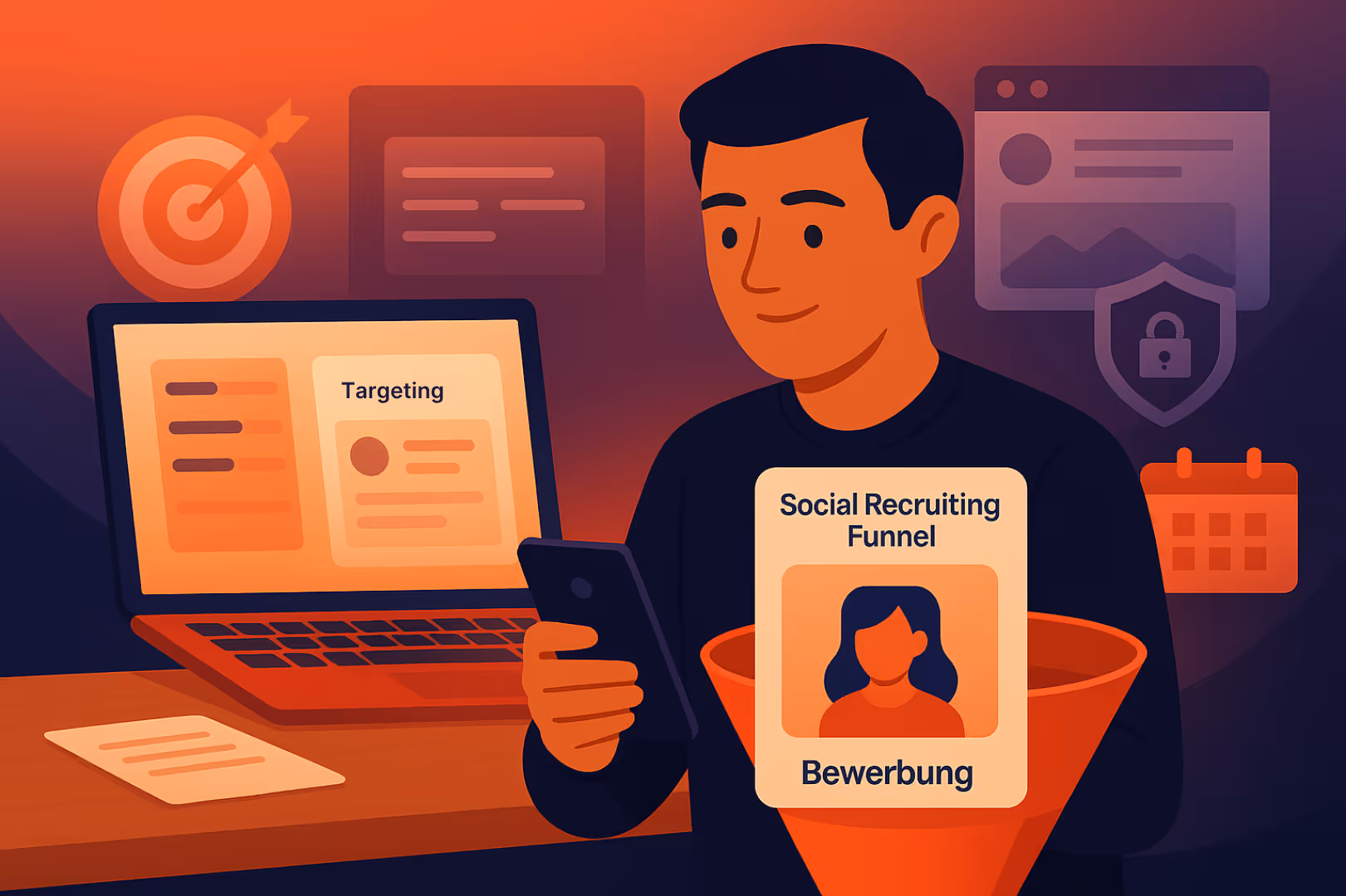 Ein Mann in modernem Büro-Setting erhält über sein Smartphone drei neue Bewerbungen, während im Hintergrund ein Funnel, Zielscheibe und Kalender die Prozesse einer Social Recruiting Agentur visualisieren.
