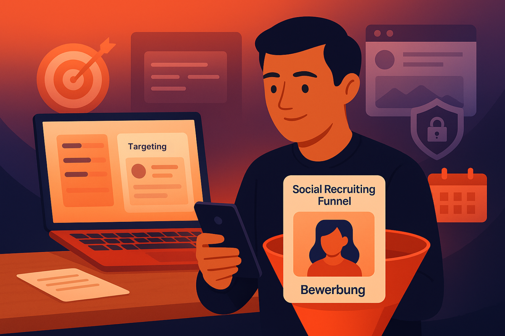 Ein Mann in modernem Büro-Setting erhält über sein Smartphone drei neue Bewerbungen, während im Hintergrund ein Funnel, Zielscheibe und Kalender die Prozesse einer Social Recruiting Agentur visualisieren.