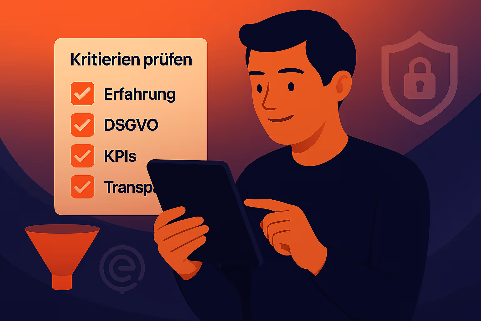 Eine Person prüft auf einem Tablet eine digitale Checkliste mit den Kriterien „Erfahrung“, „DSGVO“, „KPIs“ und „Transparenz“ – als Hilfestellung zur Auswahl der passenden Social Recruiting Agentur.