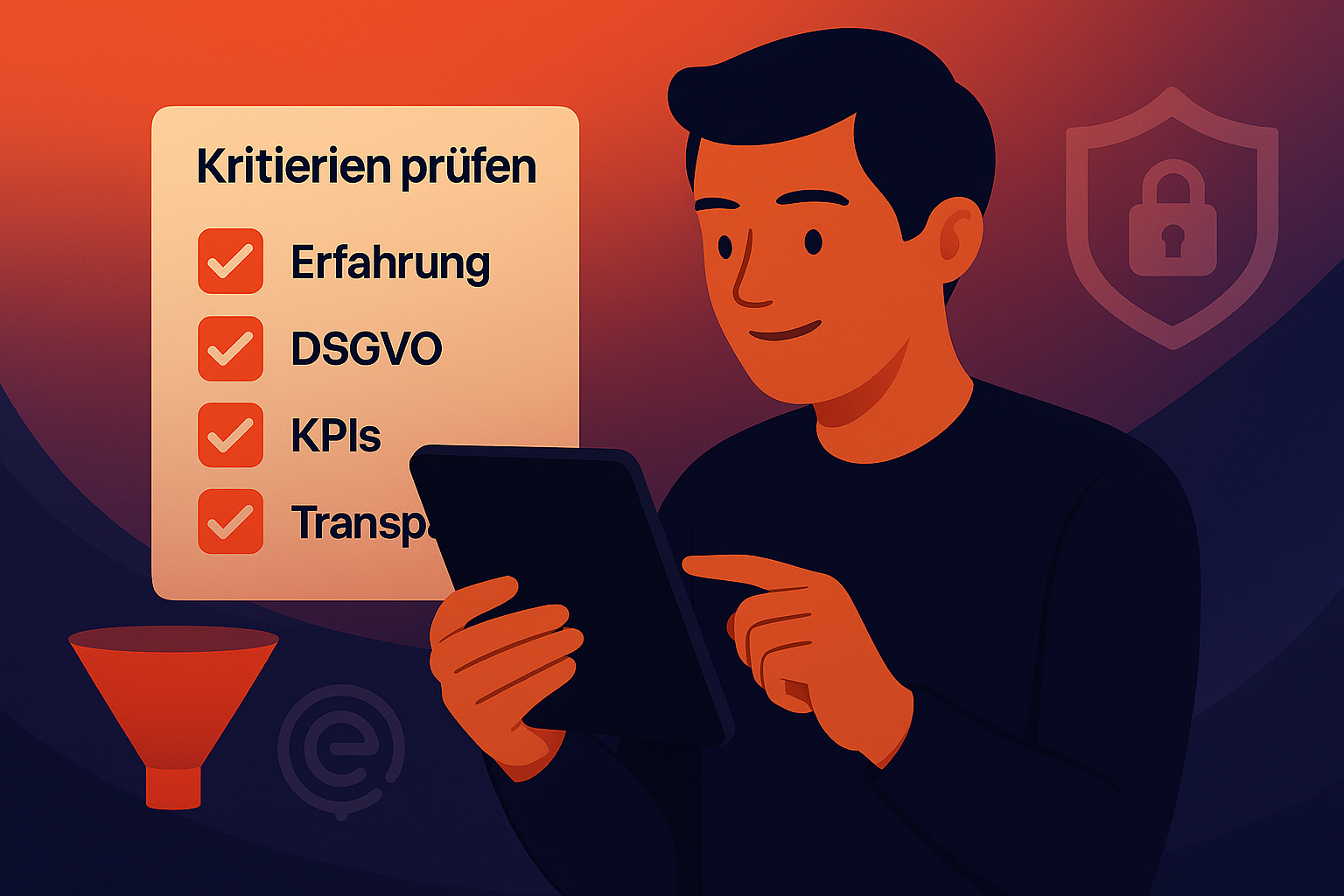 Eine Person prüft auf einem Tablet eine digitale Checkliste mit den Kriterien „Erfahrung“, „DSGVO“, „KPIs“ und „Transparenz“ – als Hilfestellung zur Auswahl der passenden Social Recruiting Agentur.