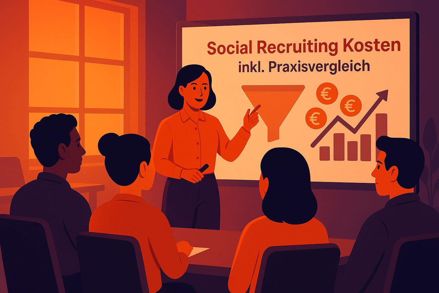 Businessfrau erklärt Social Recruiting Kosten inklusive Praxisvergleich anhand eines Funnels und Euro-Symbolen vor einem Team.