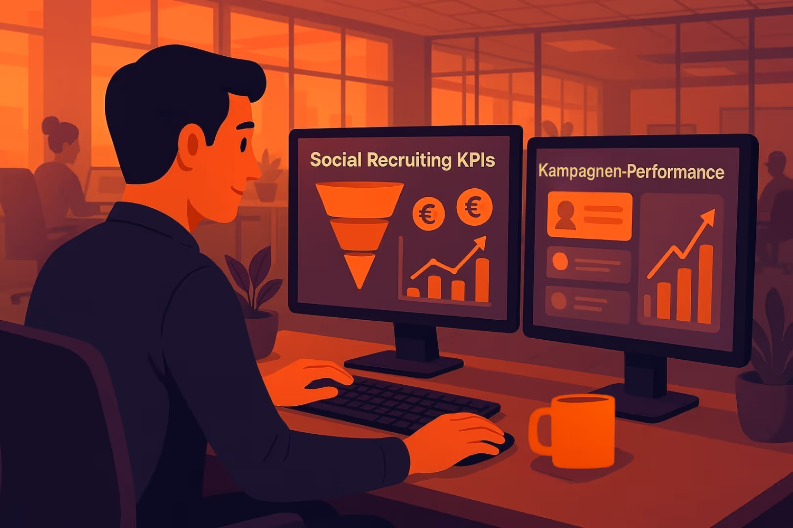 Mitarbeiter analysiert Social Recruiting Kosten und Kampagnen-Performance auf zwei Monitoren im Großraumbüro.