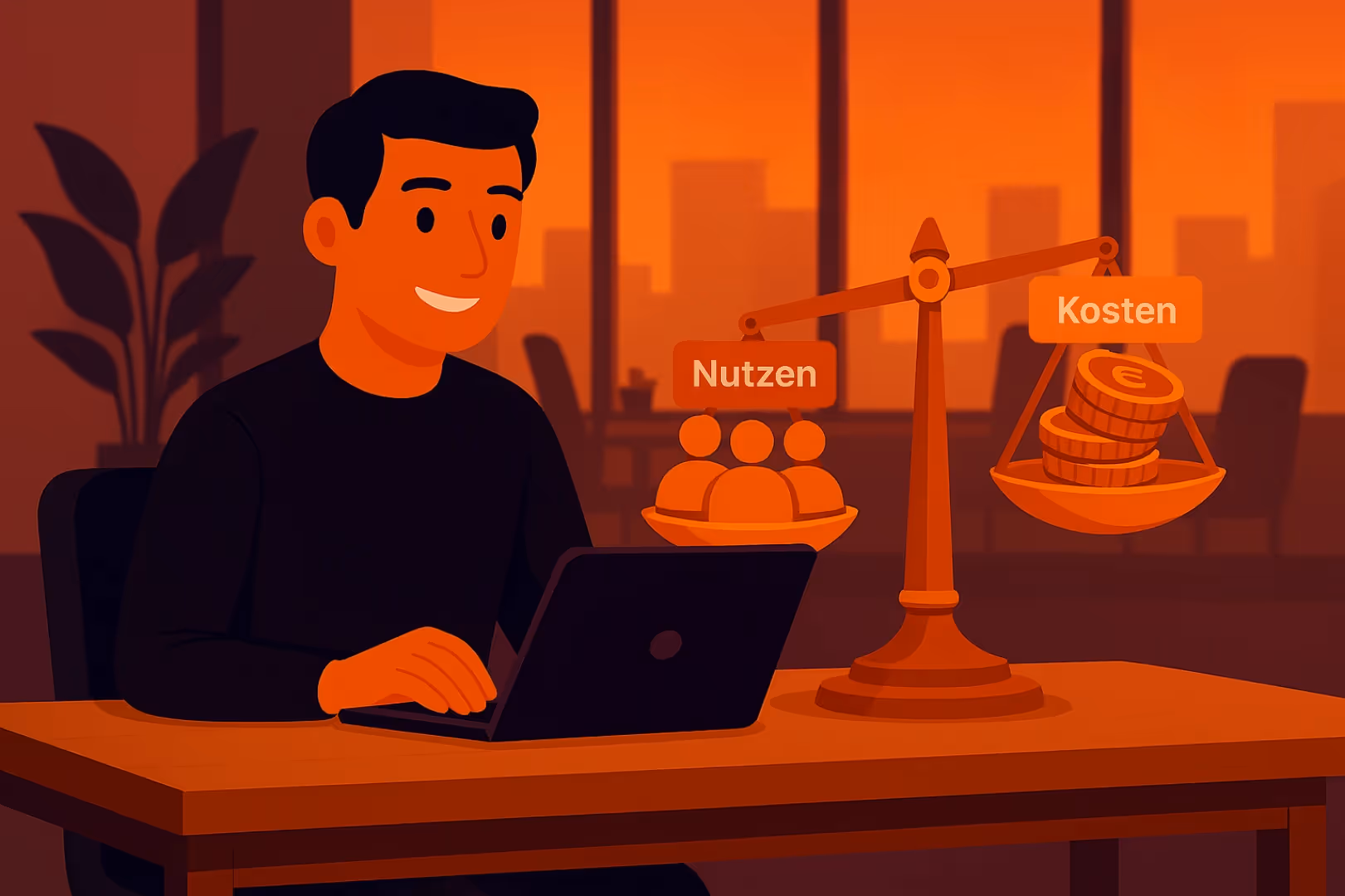 Illustration zeigt Waage mit höherem Gewicht auf Mitarbeiterseite, um den Nutzen im Verhältnis zu Social Recruiting Kosten darzustellen.