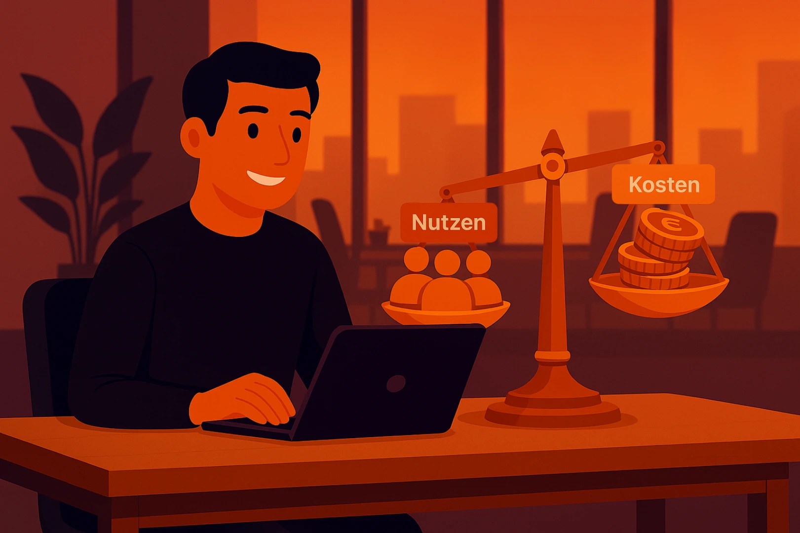 Illustration zeigt Waage mit höherem Gewicht auf Mitarbeiterseite, um den Nutzen im Verhältnis zu Social Recruiting Kosten darzustellen.