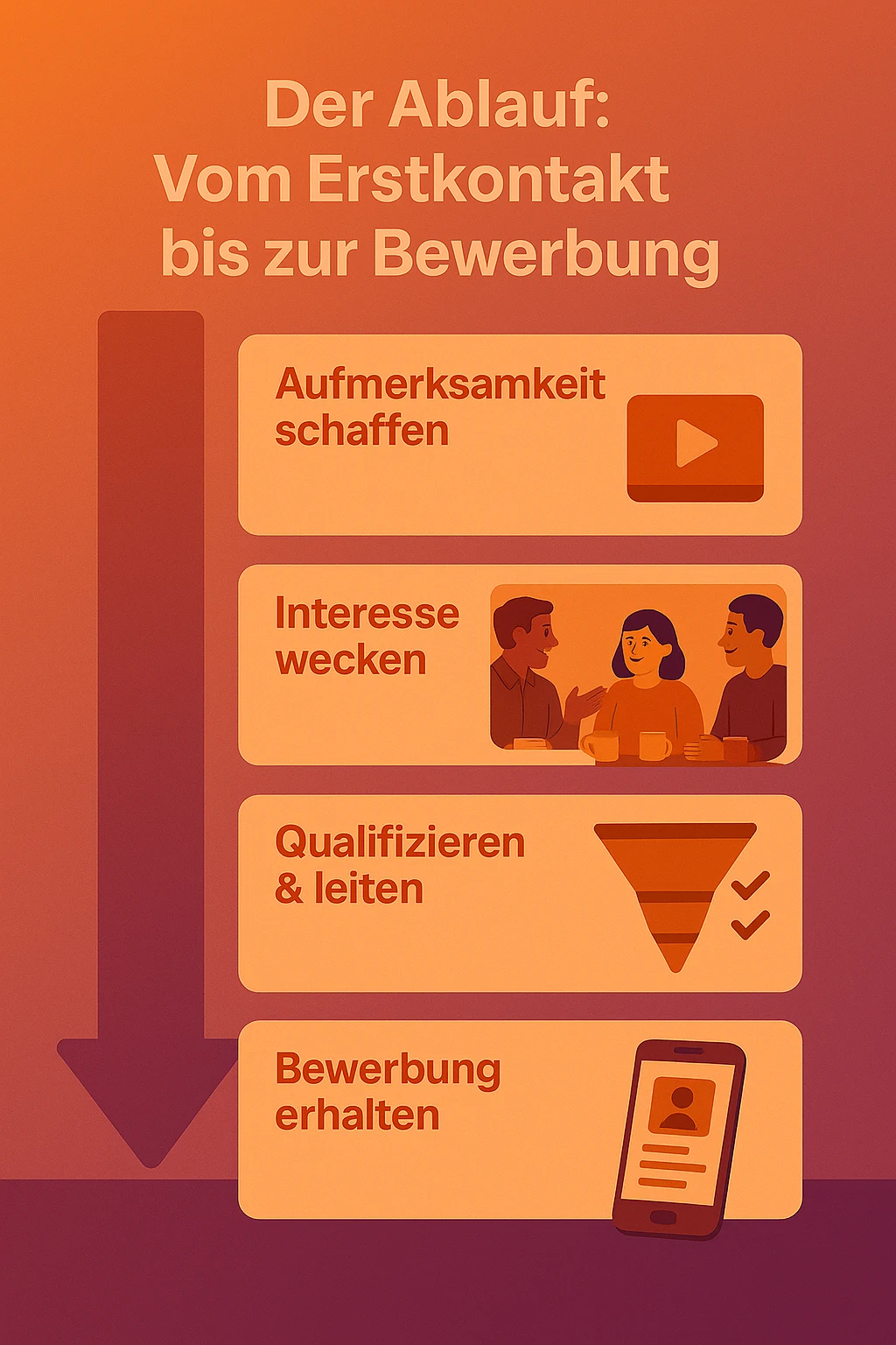 Social Recruiting Ablauf – Der Weg vom Erstkontakt bis zur Bewerbung anschaulich dargestellt in vier Schritten mit Symbolen.