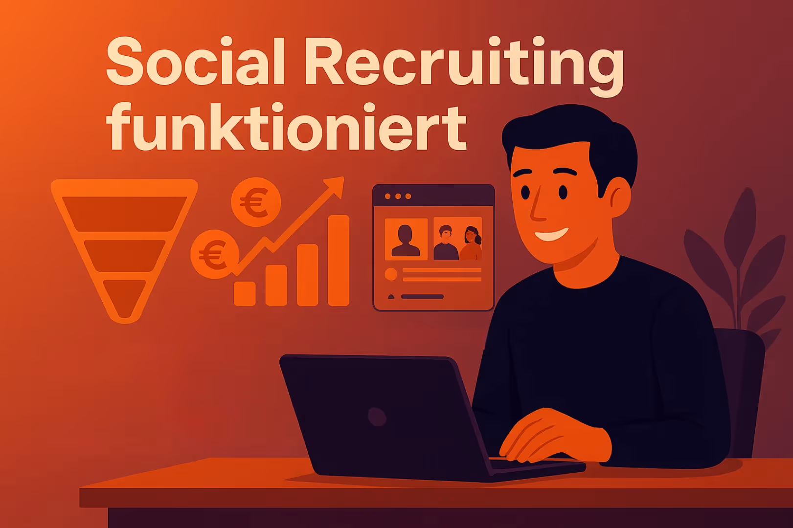 Social Recruiting funktioniert – Illustration zeigt Erfolgsfaktoren wie Funnel, Content und Wachstum im Social Recruiting Prozess.