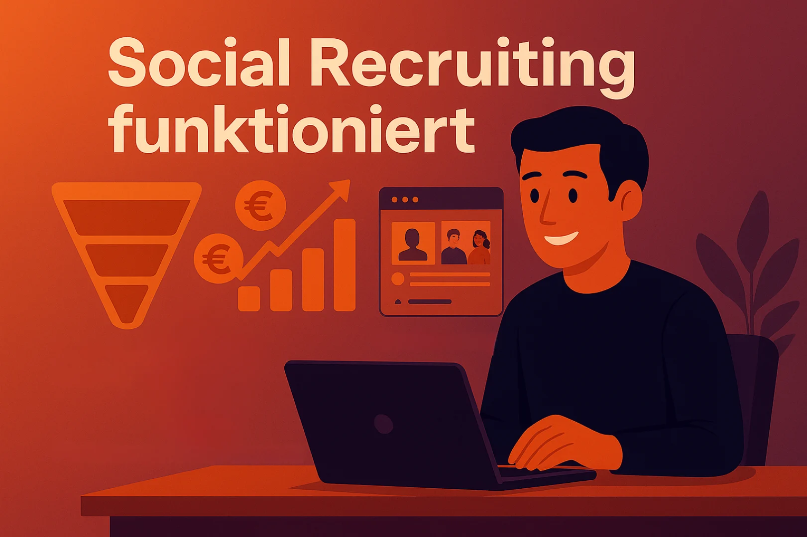 Social Recruiting funktioniert – Illustration zeigt Erfolgsfaktoren wie Funnel, Content und Wachstum im Social Recruiting Prozess.
