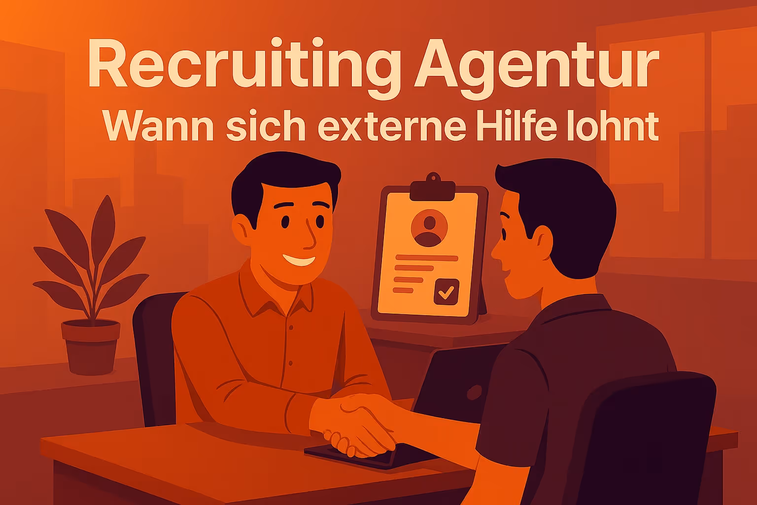 Titelbild: Recruiting Agentur – Wann sich externe Hilfe lohnt, mit Business-Szene und Bewerber-Symbolen.