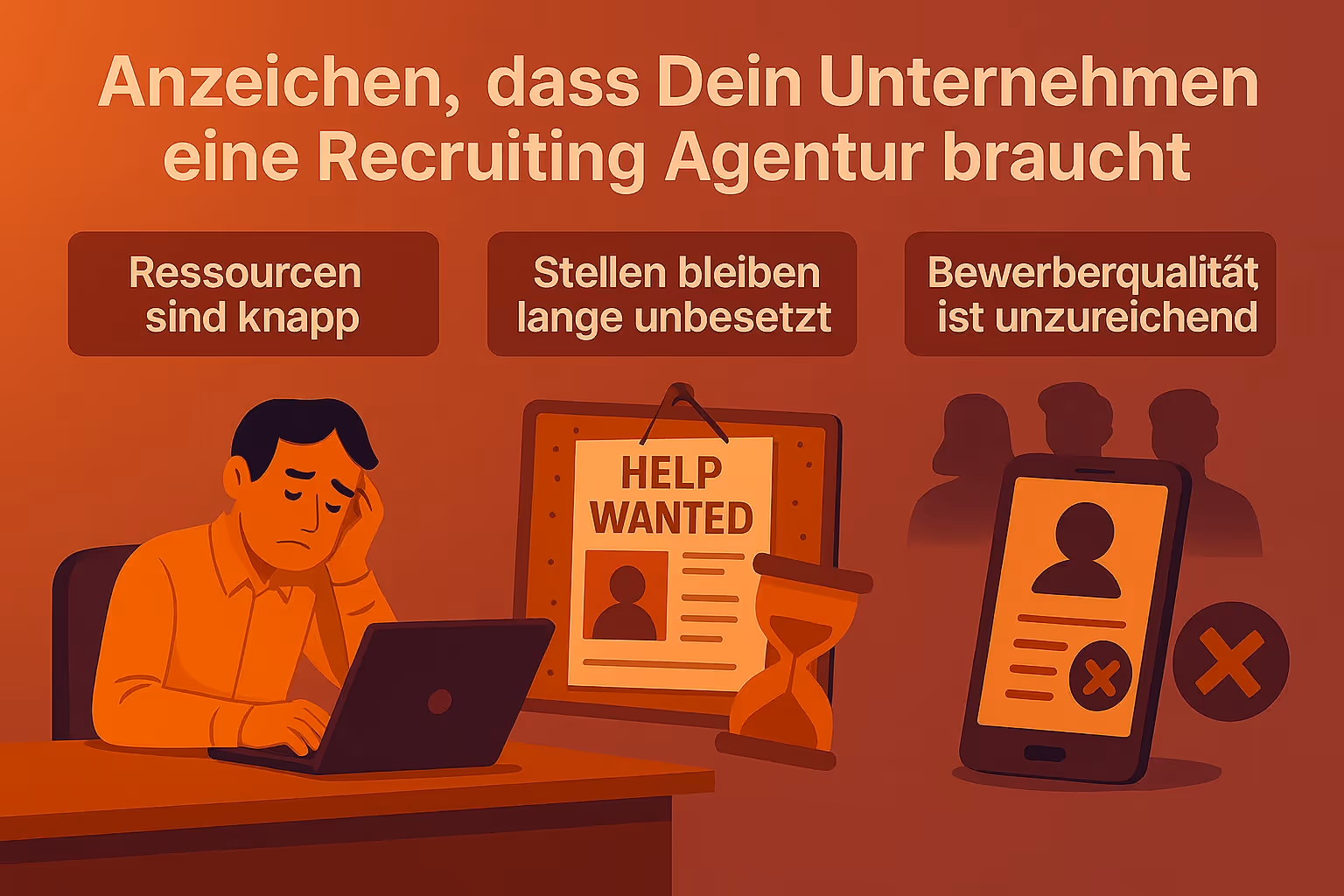 Illustration zeigt typische Anzeichen dafür, wann eine Recruiting Agentur sinnvoll ist – unbesetzte Stellen, überlastete Mitarbeitende und ineffiziente Bewerbungsprozesse.