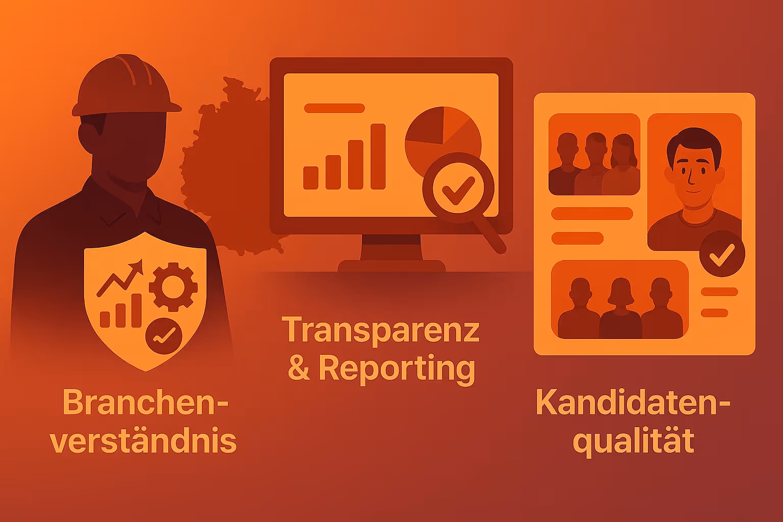 Illustration zeigt Auswahlkriterien für eine Recruiting Agentur: Branchenverständnis, Transparenz im Reporting und Fokus auf passende Kandidaten. Icons für Strategie, Analyse und Bewerberqualität