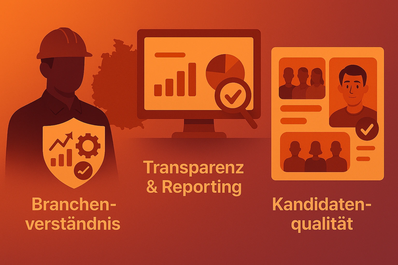 Illustration zeigt Auswahlkriterien für eine Recruiting Agentur: Branchenverständnis, Transparenz im Reporting und Fokus auf passende Kandidaten. Icons für Strategie, Analyse und Bewerberqualität
