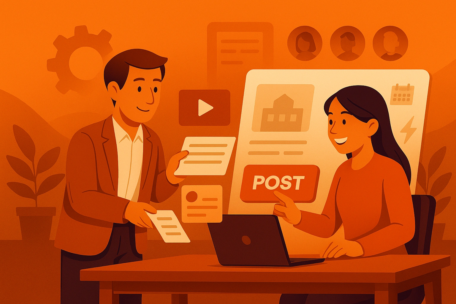 Illustration: Visualisierung der Zusammenarbeit zwischen Unternehmen und Personalmarketing Agentur zur gezielten Content-Veröffentlichung