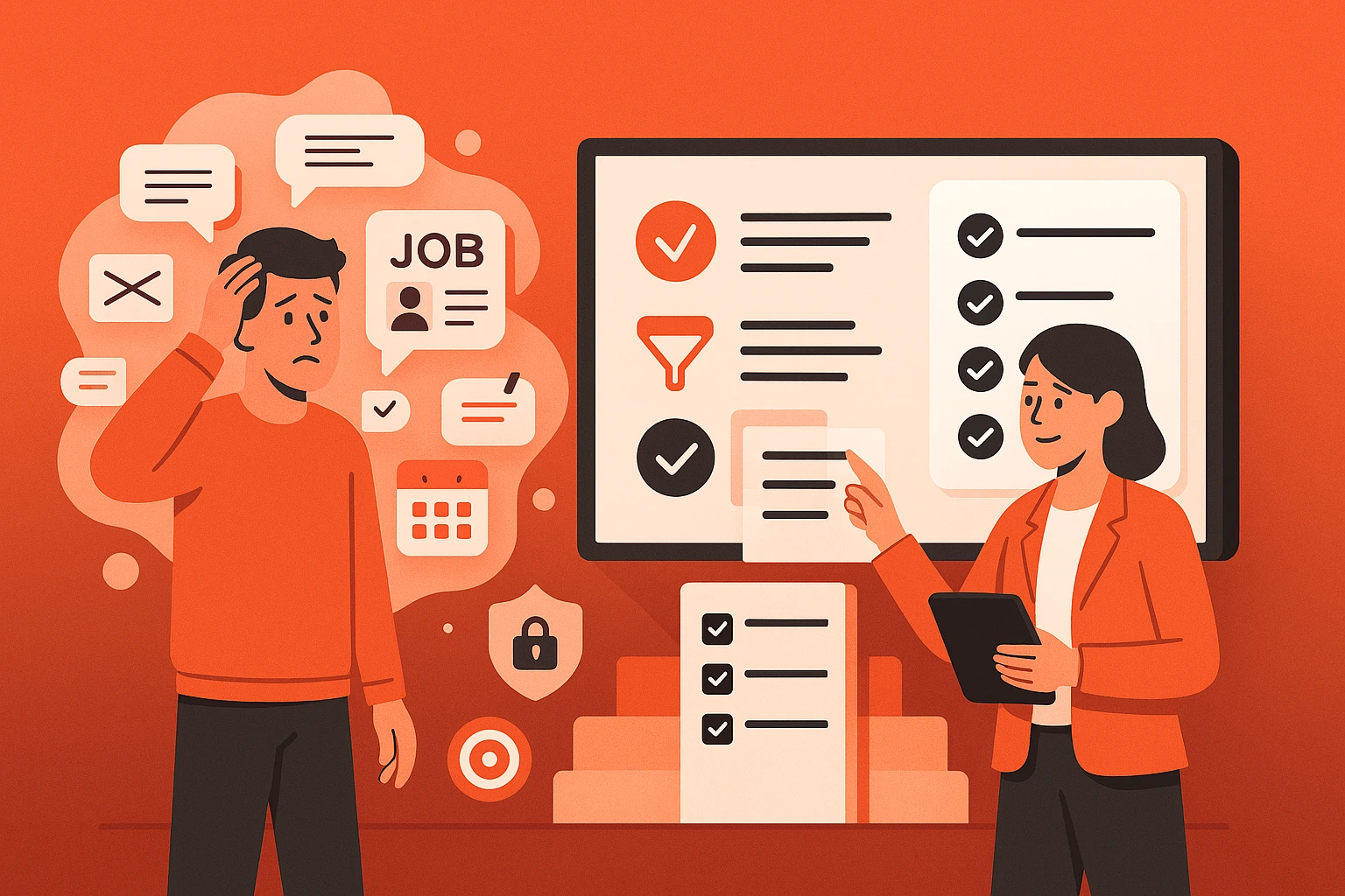 Illustration: Überforderter Hiring-Manager neben strukturierter Checkliste am Bildschirm – eine Performance Recruiting Agentur bringt Kontrolle ins Recruiting.