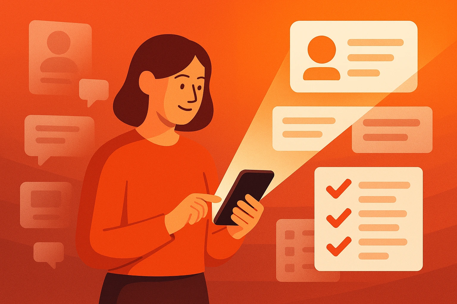Illustration: Person nutzt Smartphone, um Kandidatenkarten und To-do-Checkliste sichtbar zu machen – Performance Recruiting Agentur macht Recruiting messbar.