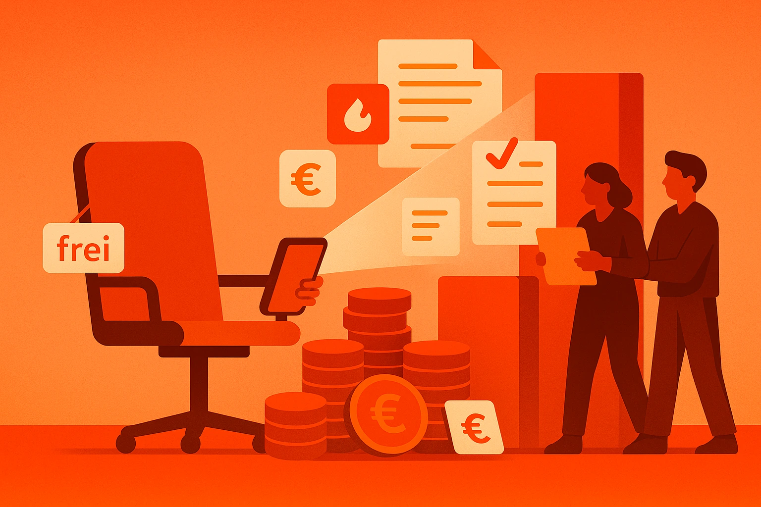 Illustration: Leerer Arbeitsplatz mit ‚frei‘-Schild, Euro-Symbole und Kostenstapel, Team im Hintergrund – Performance Recruiting Agentur reduziert Vakanzkosten.