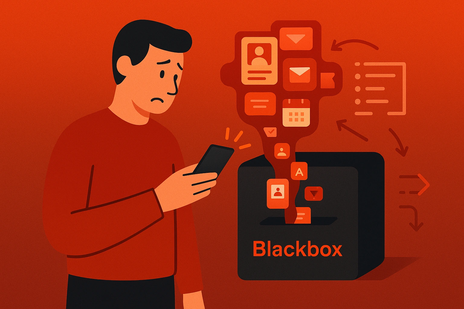 llustration: Bewerbungen und Nachrichten verschwinden in einer Blackbox, Person schaut besorgt aufs Smartphone – Performance Recruiting Agentur sorgt für Transparenz.