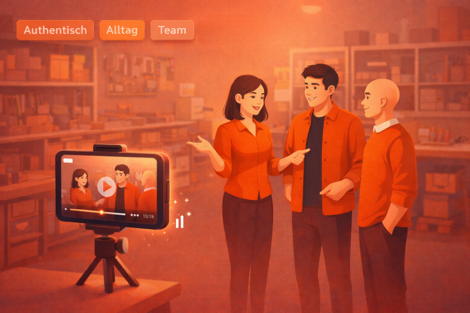 Recruiting Video am Arbeitsplatz: Team wird in einer Werkstatt-Szene gefilmt, UI-Labels zeigen Authentisch, Alltag, Team.