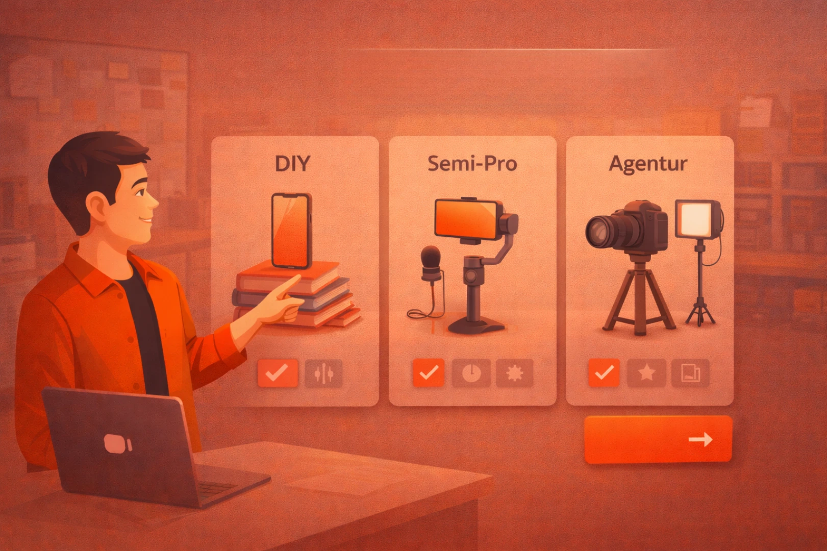 Recruiting Video Produktion im Vergleich: DIY mit Smartphone, Semi-Pro mit Gimbal und Mikro, Agentur mit Kamera und Licht.