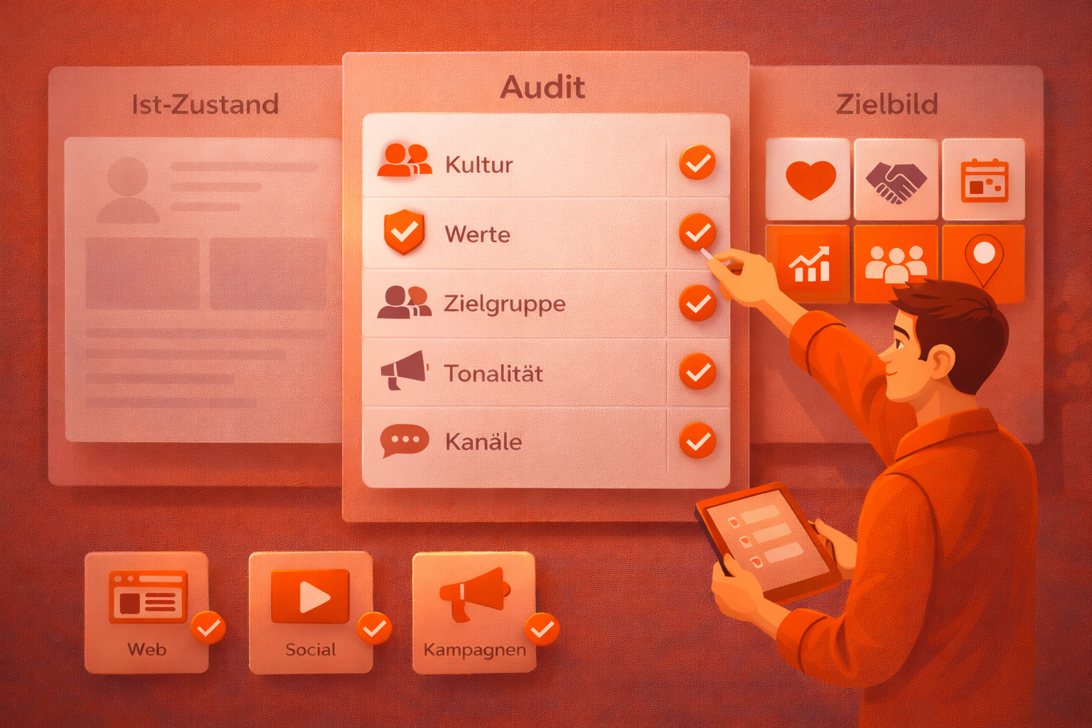 Employer Branding Agentur: Vergleich am Monitor zwischen austauschbarem Arbeitgeberauftritt und klar positionierter Arbeitgebermarke mit Kultur, Werten und Alltag.