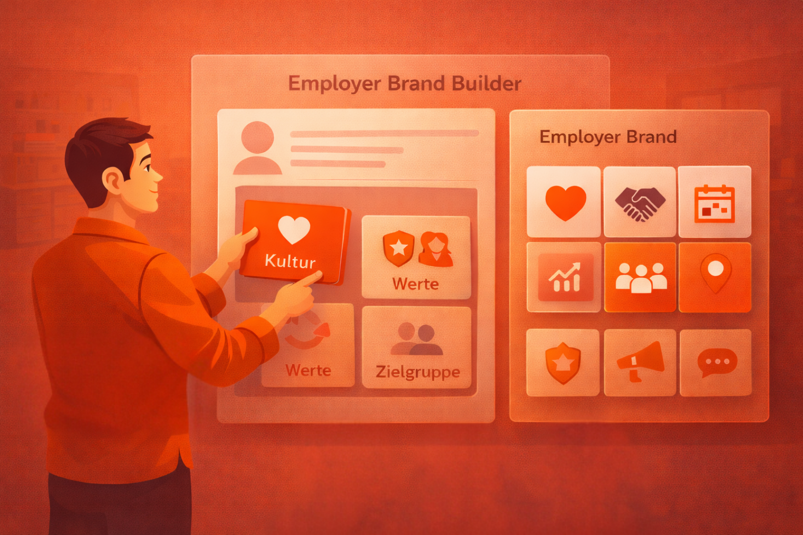 Employer Branding Agentur: Illustration eines Employer-Brand-Baukastens mit Modulen für Kultur, Werte und Zielgruppe im Office-Setting.