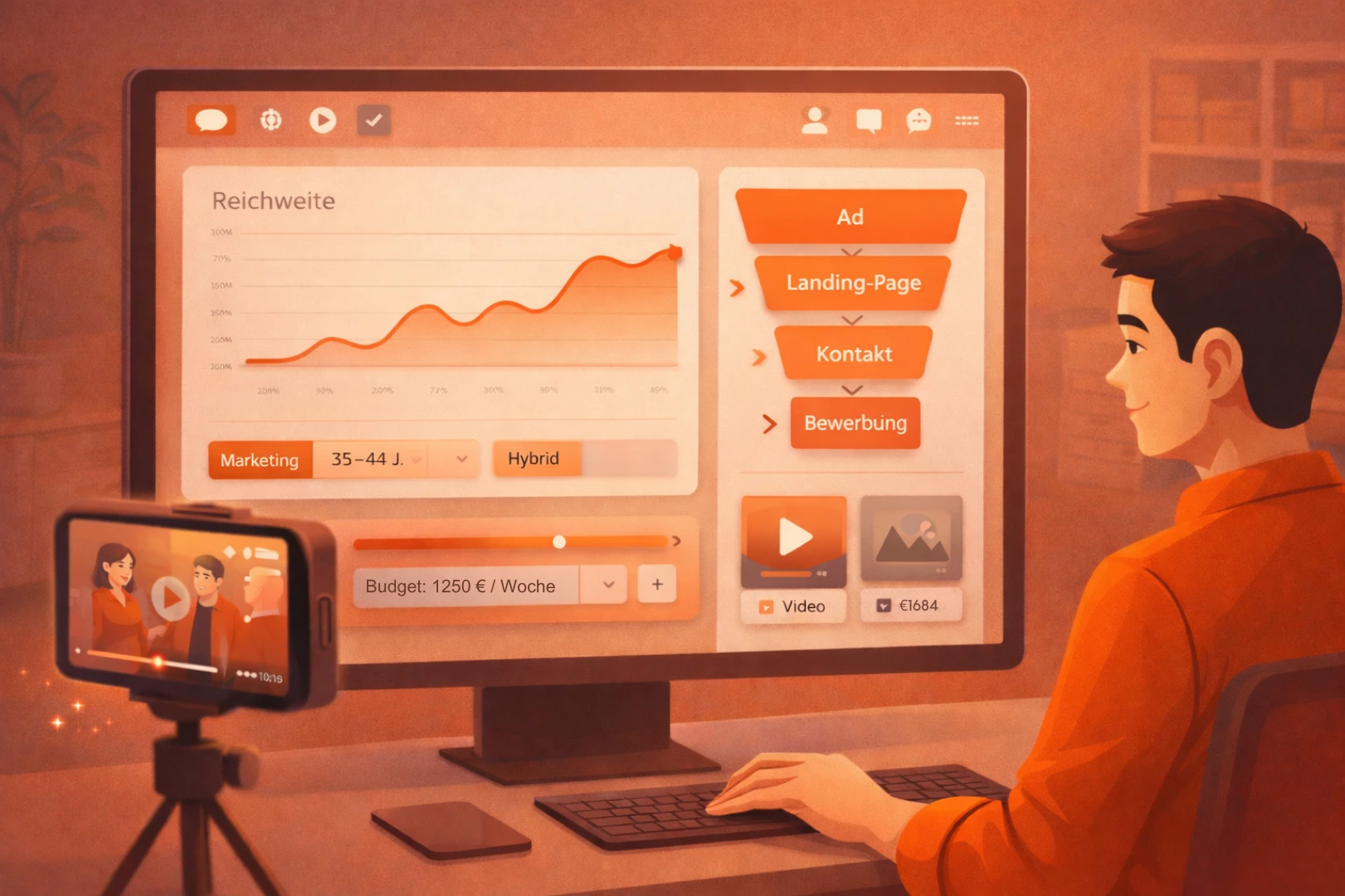 Recruiting Video als Anzeige: Dashboard mit Reichweite, Budget und Funnel von Ad über Landing bis zur Bewerbung.