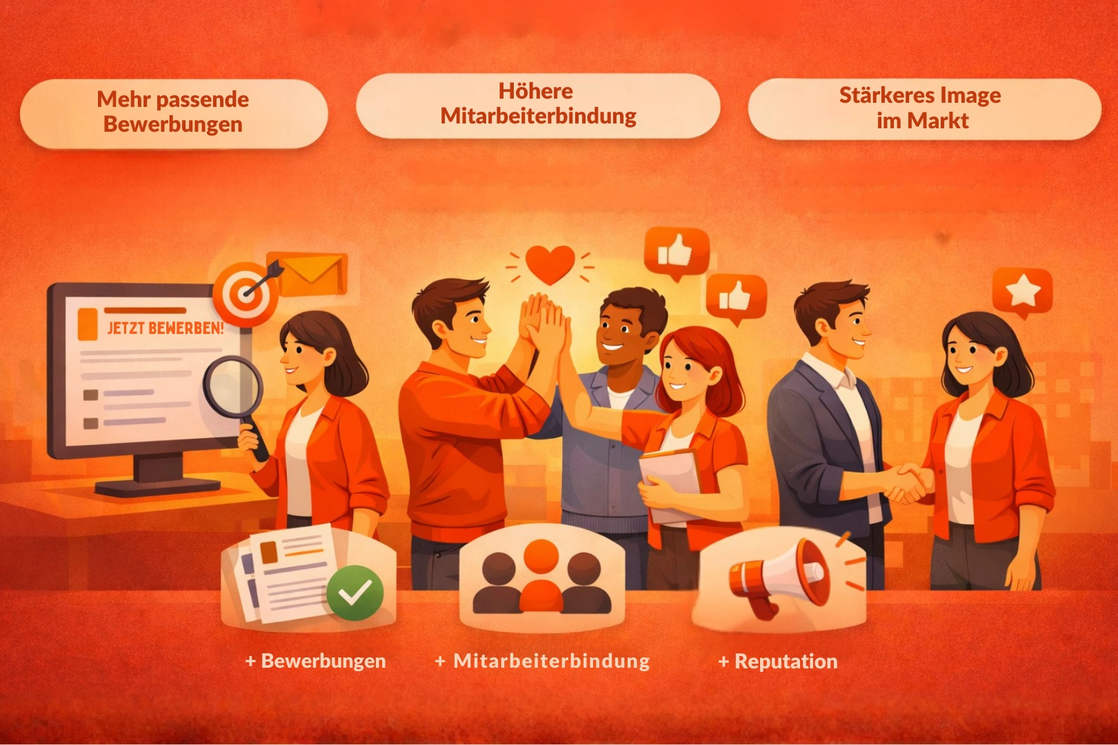 Employer Branding: Illustration der drei Effekte – mehr passende Bewerbungen, höhere Mitarbeiterbindung und stärkeres Image im Markt, dargestellt durch Recruiting-, Team- und Reputations-Symbole.