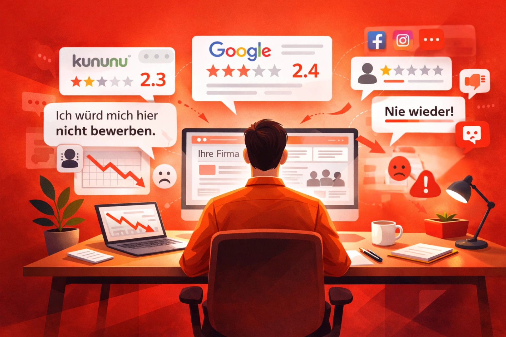 Employer Branding Illustration: Ein Inhaber sitzt am Schreibtisch vor der Firmenwebsite, während negative Bewertungen und Sterne-Ratings von Kununu, Google und Social Media einprasseln.