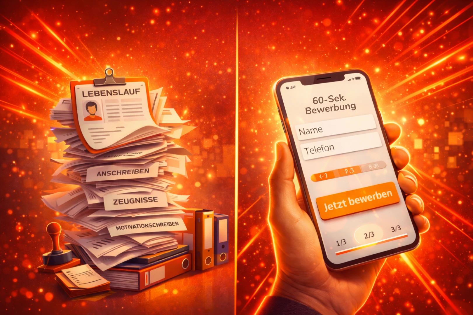Personalsuche wird einfacher: Links ein hoher Papierstapel aus Lebenslauf, Anschreiben und Zeugnissen, rechts eine Kurzbewerbung am Smartphone mit wenigen Feldern und großem Bewerben-Button.