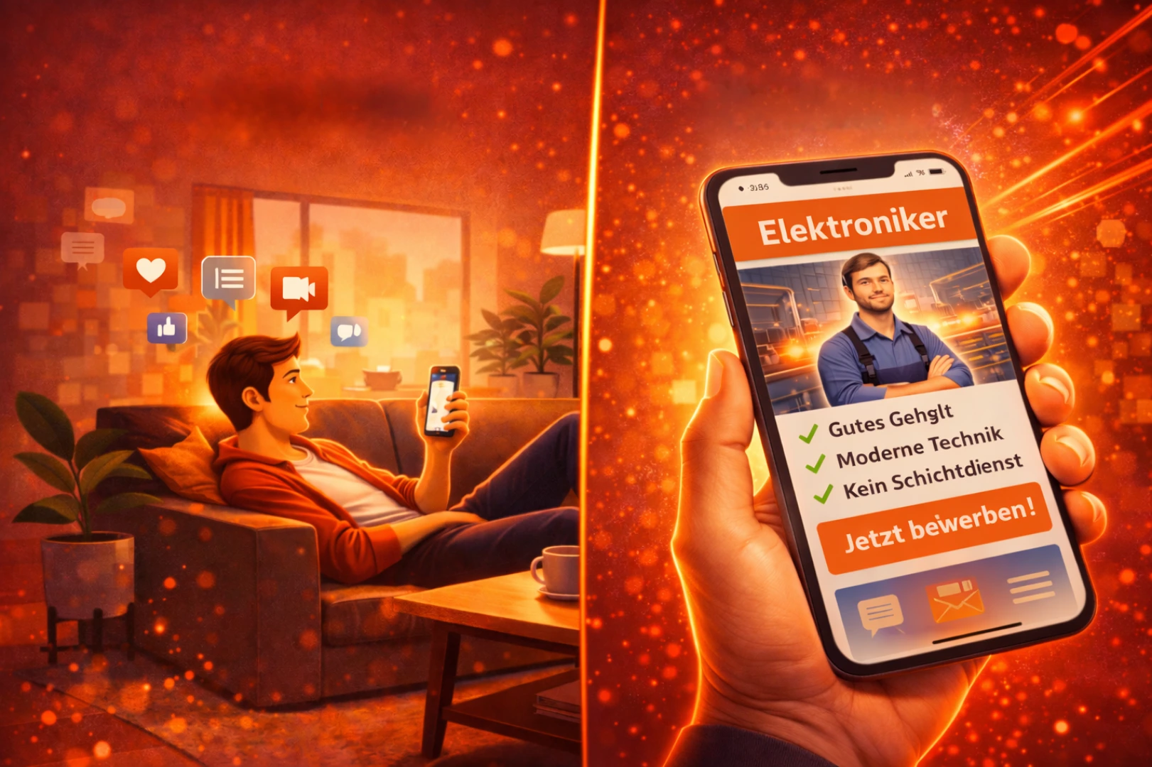Personalsuche 2026: Links scrollt eine Person entspannt auf der Couch durch Social Media, rechts zeigt ein Smartphone eine Jobanzeige „Elektroniker“ mit „Jetzt bewerben“.