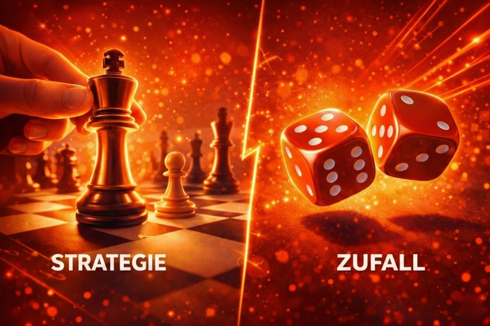 Personalsuche 2026 als Strategie: Links ein Schachbrett mit König als Symbol für planbares Vorgehen, rechts Würfel als Symbol für zufälliges Recruiting.