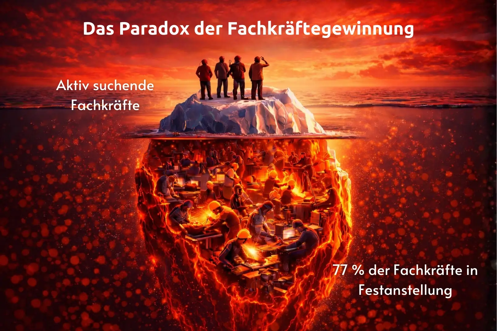Das Paradox der Fachkräftegewinnung als Eisbergmodell: Vergleich zwischen aktiv suchenden Bewerbern an der Spitze und dem passiven Markt von 77 % Fachkräften in Festanstellung.