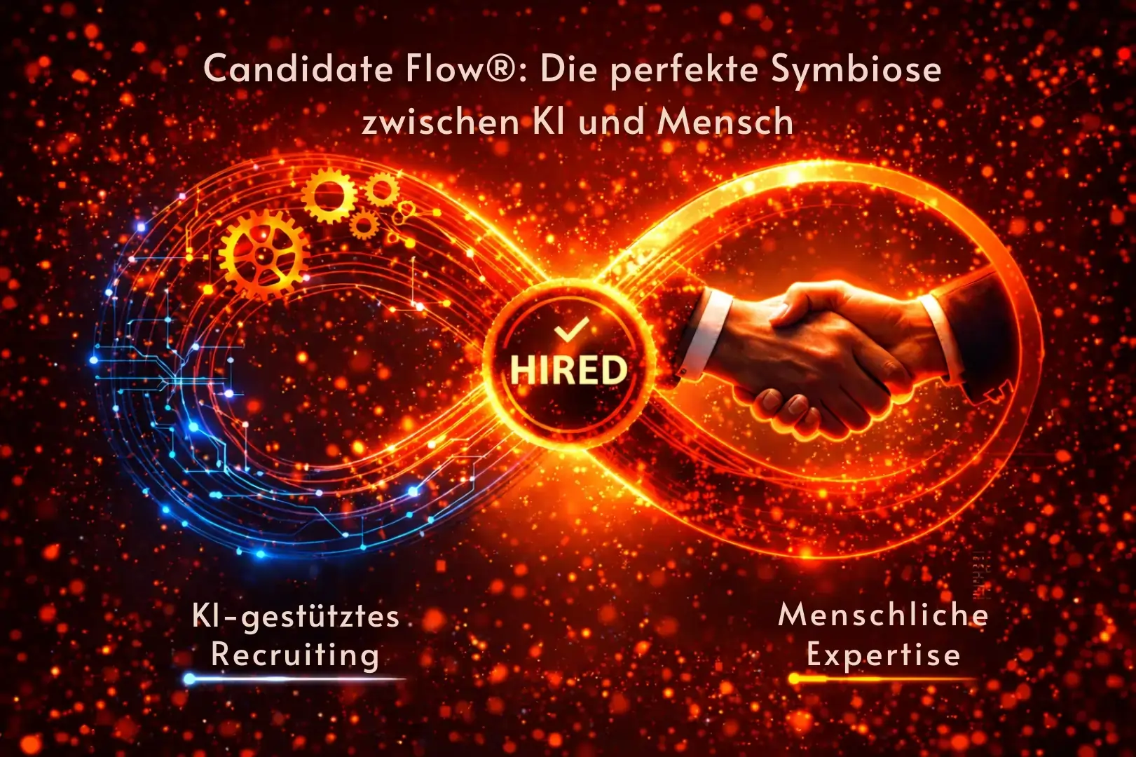 Candidate Flow USP: Die Symbiose aus KI-gestütztem Recruiting und menschlicher Expertise, visualisiert als Unendlichkeitsschleife mit erfolgreichem Hired-Abschluss.
