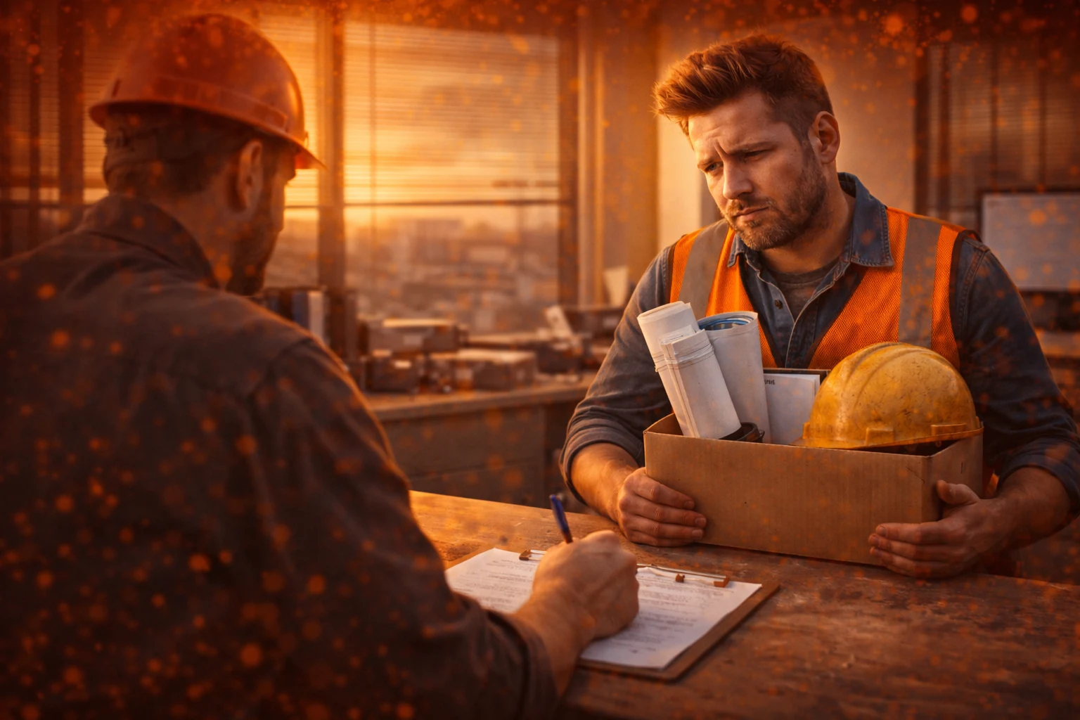 Austrittsgespräch im Büro – Vorgesetzter notiert Feedback, Mitarbeiter sitzt mit Box und Arbeitsausrüstung gegenüber.
