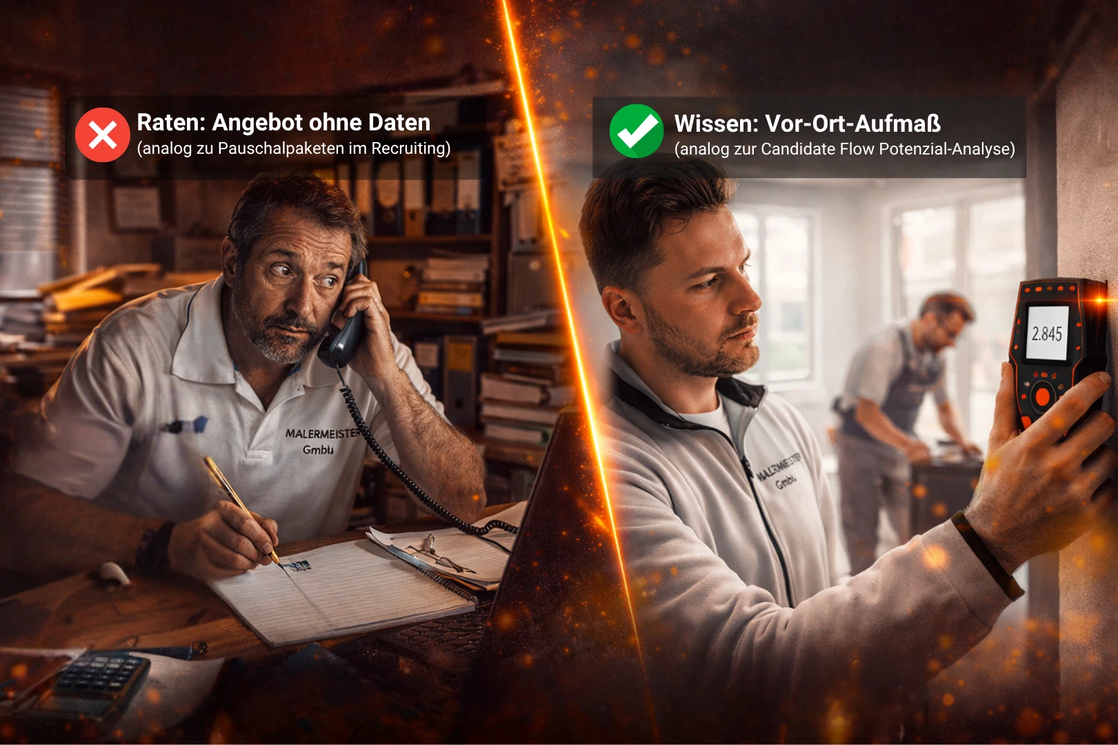 Vergleichsbild: Ein unsicherer Malermeister rät am Telefon (X-Symbol), gegenüber einem fokussierten Malermeister, der präzise misst (Haken-Symbol). Analogie für Recruiting.