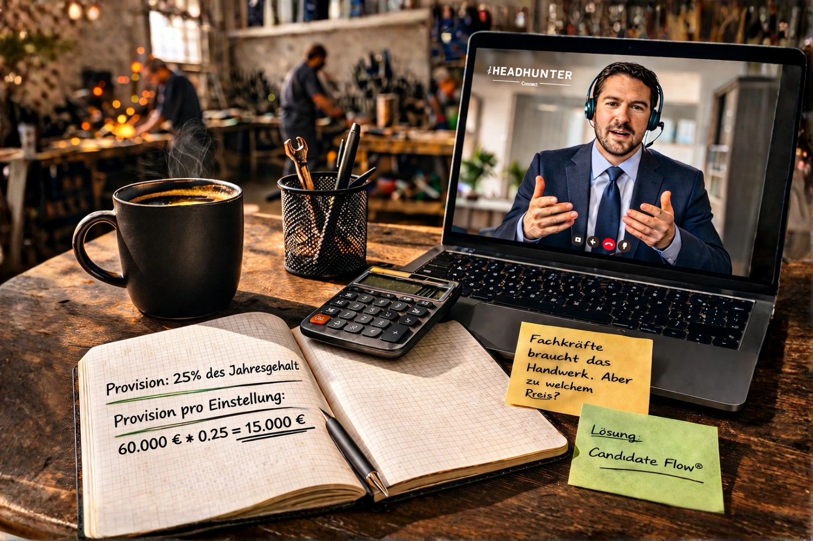 Zoom-Call mit Headhunter und Notizbuch zeigt die Berechnung einer Provision von 15.000 € für Fachkräfte im Handwerk.