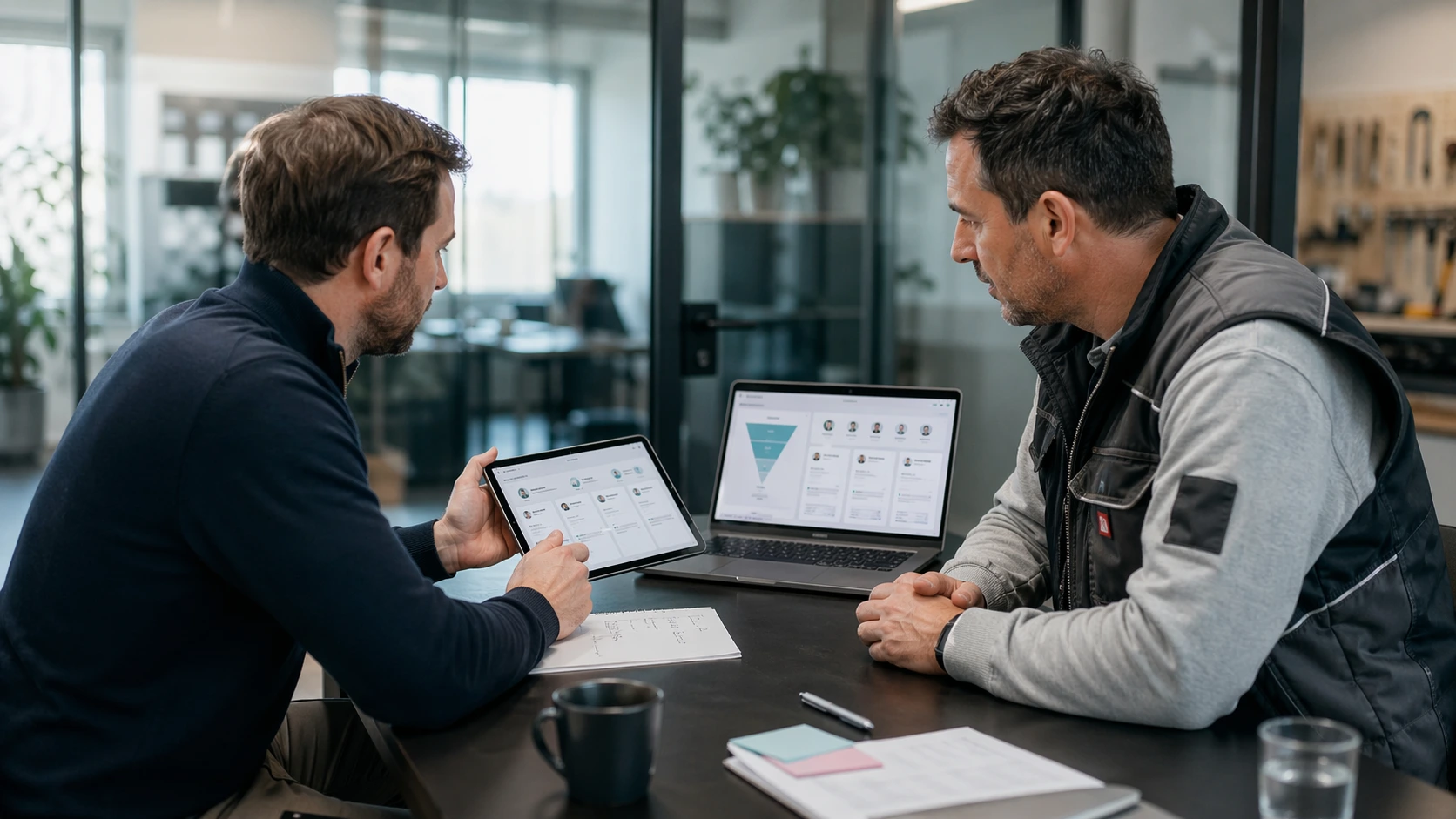 Berater und Handwerksunternehmer planen gemeinsam eine Social-Recruiting-Kampagne am Tisch mit Laptop, Funnel-Skizze und Smartphone-Layouts