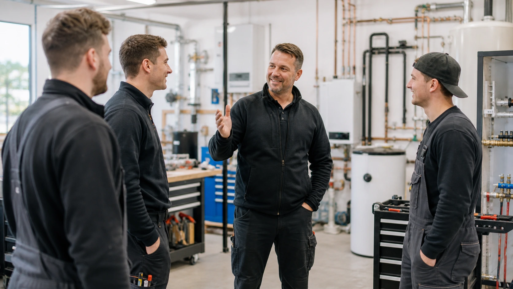 SHK-Team im Technikraum bei gemeinsamer Besprechung zwischen Heizungsanlagen und Werkzeugwagen – Symbolbild für Arbeitgeberattraktivität, Teamkultur und gute Führung im SHK-Handwerk