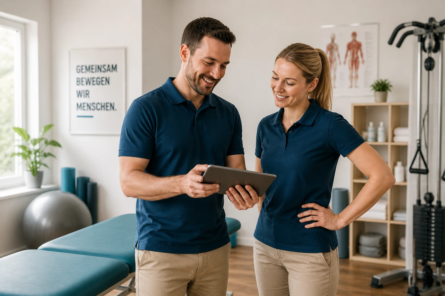Praxisinhaber und Physiotherapeuten im hellen Behandlungsraum einer modernen Physiotherapiepraxis – Symbolbild für Mitarbeitersuche, Fachkräftemangel und Bewerbergewinnung in der Physiotherapie